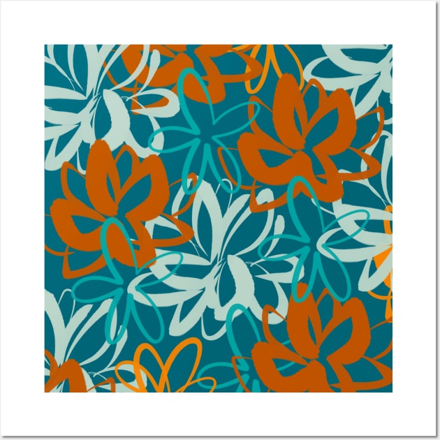 Lotus Garden Painted Floral Abstract in Aqua, Turquoise, Orange, Rust, and Teal Wall Art by KierkegaardDesignStudio